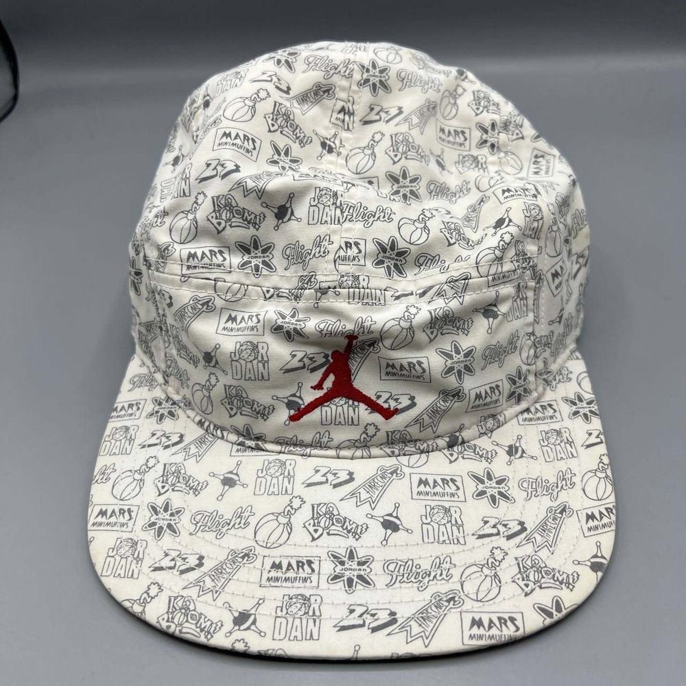 Air Jordan 5 Panel Hat Men White All Over Print Logo Jumpman Strap Back Cap - Picture 1 of 8